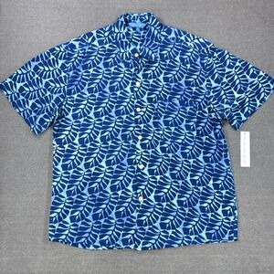 Blue Ginger Button Up Shirt Mens Medium Blue Tropical Leaf Hawaiian Aloha‎ NWT
